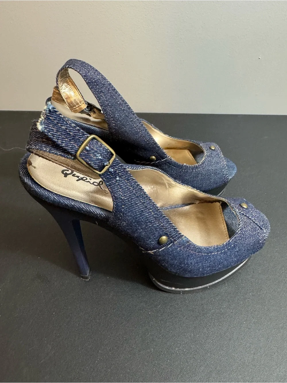 Qupid Denim Peep-Toe Slingback Wedges - Blue
